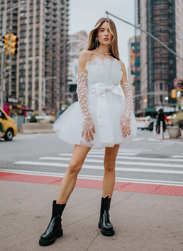 Short Tulle Wedding Dresses Little White Bows Belt-Dbrbridal