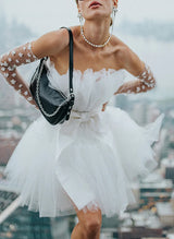 Short Tulle Wedding Dresses Little White Bows Belt-Dbrbridal