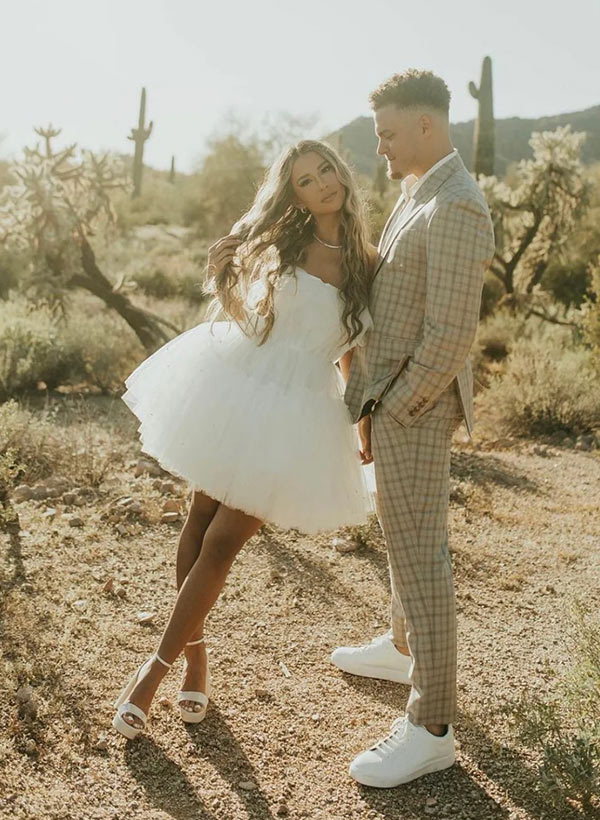 Short Tulle Wedding Dresses Little White Bows Belt-Dbrbridal