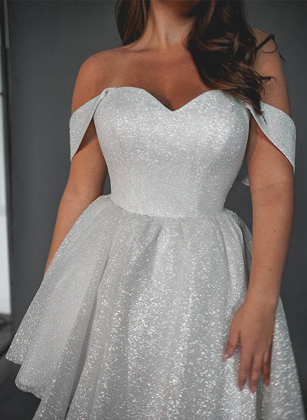 Short Wedding Dresses Sparkly Sequins Off-The-Shoulder Design-Dbrbridal