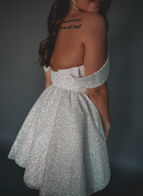 Short Wedding Dresses Sparkly Sequins Off-The-Shoulder Design-Dbrbridal