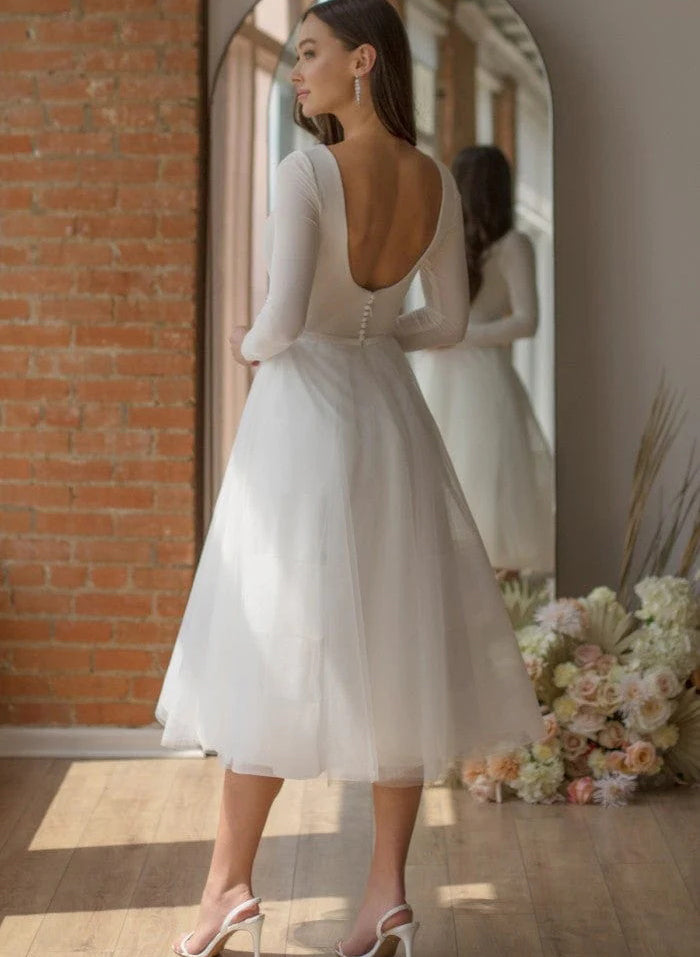 Short Wedding Dresses Tulle Long Sleeves-Dbrbridal