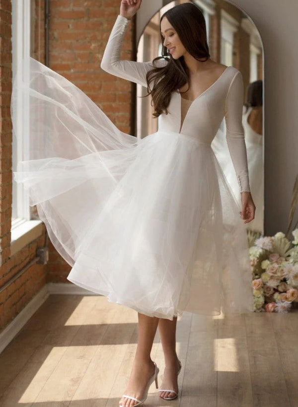 Short Wedding Dresses Tulle Long Sleeves-Dbrbridal