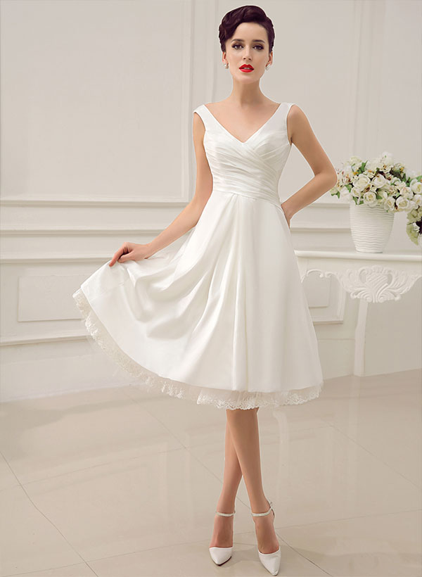 Short Wedding DressNew Ivory Backless Satin Lace Up Bridal Gown-Dbrbridal