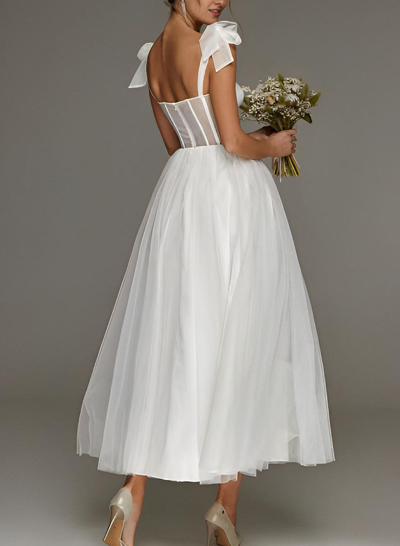 Short White Wedding Dress Tulle Tea-Length-Dbrbridal