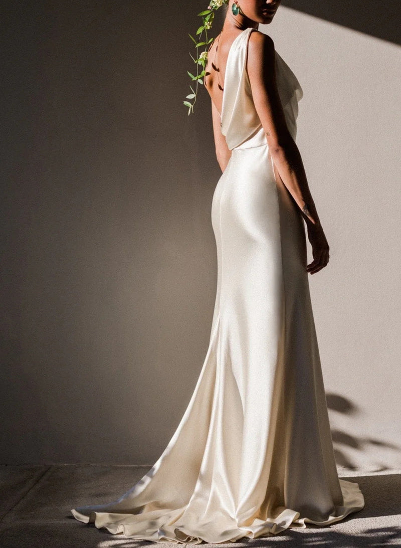 Silk Like Satin Slit Sheath Fitted Wedding Dresses-Dbrbridal