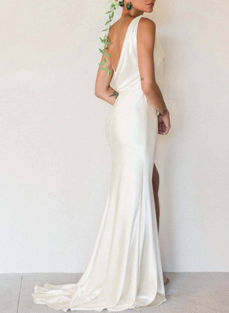 Silk Like Satin Slit Sheath Fitted Wedding Dresses-Dbrbridal