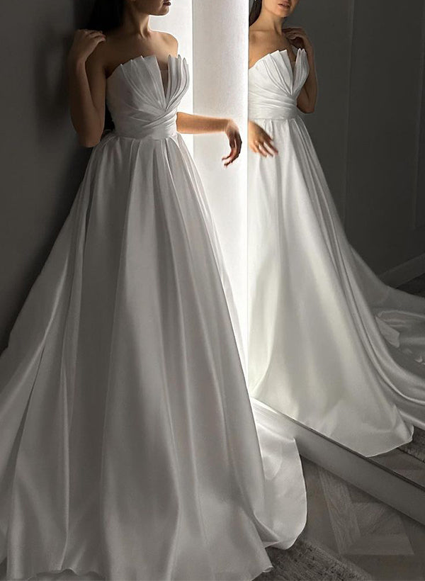 Silk Like Satin Wedding Dresses Chic A-line V-Neck Sleeveless Court Train-Dbrbridal