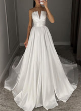 Silk Like Satin Wedding Dresses Chic A-line V-Neck Sleeveless Court Train-Dbrbridal