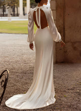 Silk Like Satin Wedding Dresses High Neck Long Sleeves Asymmetrical Design Split Front-Dbrbridal