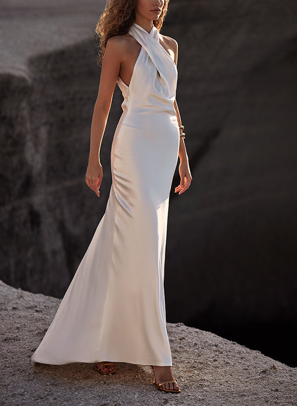 Silk Like Satin Wedding Dresses Sheath Fitted Halter Sleeveless Sweep Train-Dbrbridal