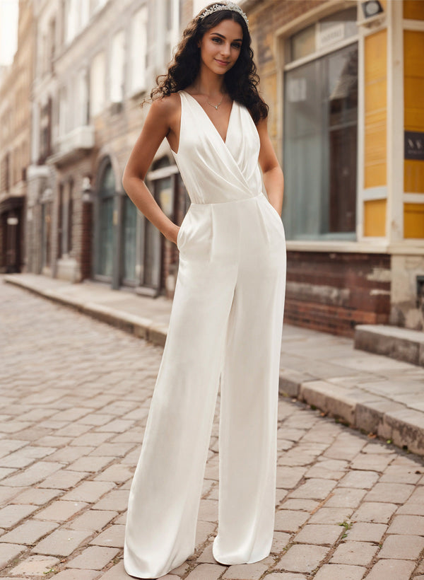 Silk Modern Wedding Dresses Pockets Jumpsuit Pantsuit-Dbrbridal