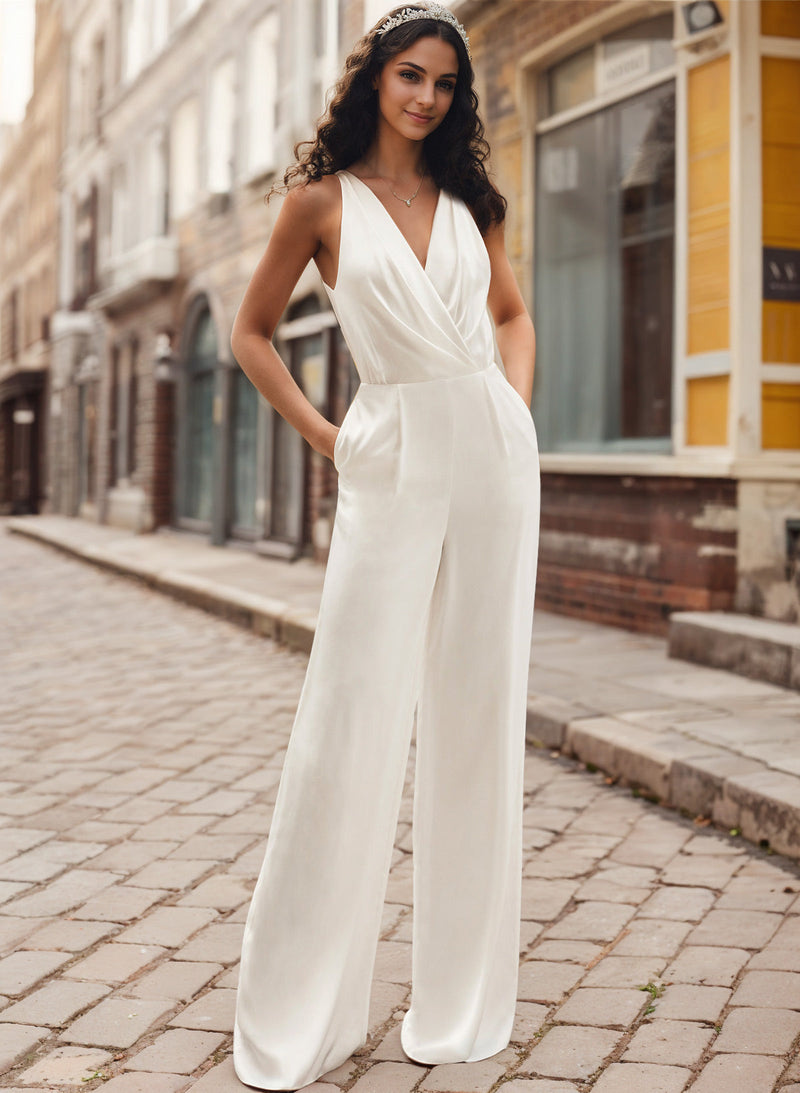 Silk Modern Wedding Dresses Pockets Jumpsuit Pantsuit-Dbrbridal