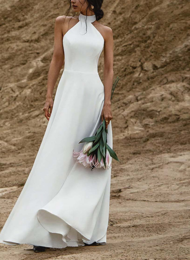 Simple Chic A-line Wedding Dress High Neck Open Back-Dbrbridal