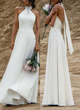 Simple Chic A-line Wedding Dress High Neck Open Back-Dbrbridal