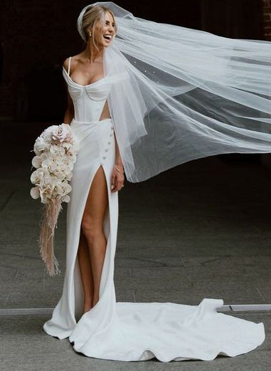 Simple Off-The-Shoulder Slit Wedding Dresses-Dbrbridal