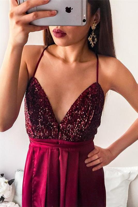 Simple Shining Sequins Applique Halter Prom Dresses Split Mermaid Sleeveless Chic Evening Dresses-Dbrbridal