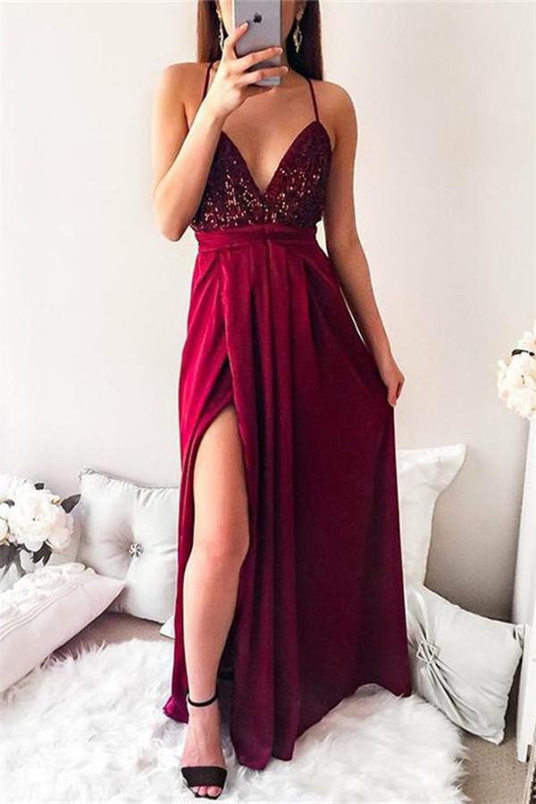 Simple Shining Sequins Applique Halter Prom Dresses Split Mermaid Sleeveless Chic Evening Dresses-Dbrbridal