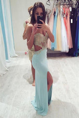 Simple Shining Sequins Applique Prom Dresses Split Mermaid Sleeveless Chic Evening Dresses-Dbrbridal