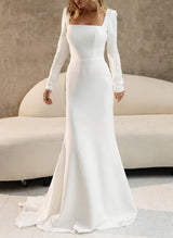 Simple Wedding Dresses Square Neckline Long Sleeves-Dbrbridal