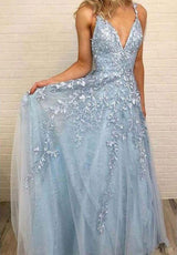 Sky Blue Lace Prom Dresses Sexy Deep V-Neck A Line Long Party Chic Floor Length Women Evening Gowns-Dbrbridal