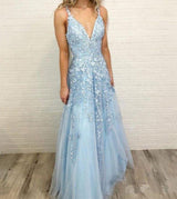 Sky Blue Lace Prom Dresses Sexy Deep V-Neck A Line Long Party Chic Floor Length Women Evening Gowns-Dbrbridal