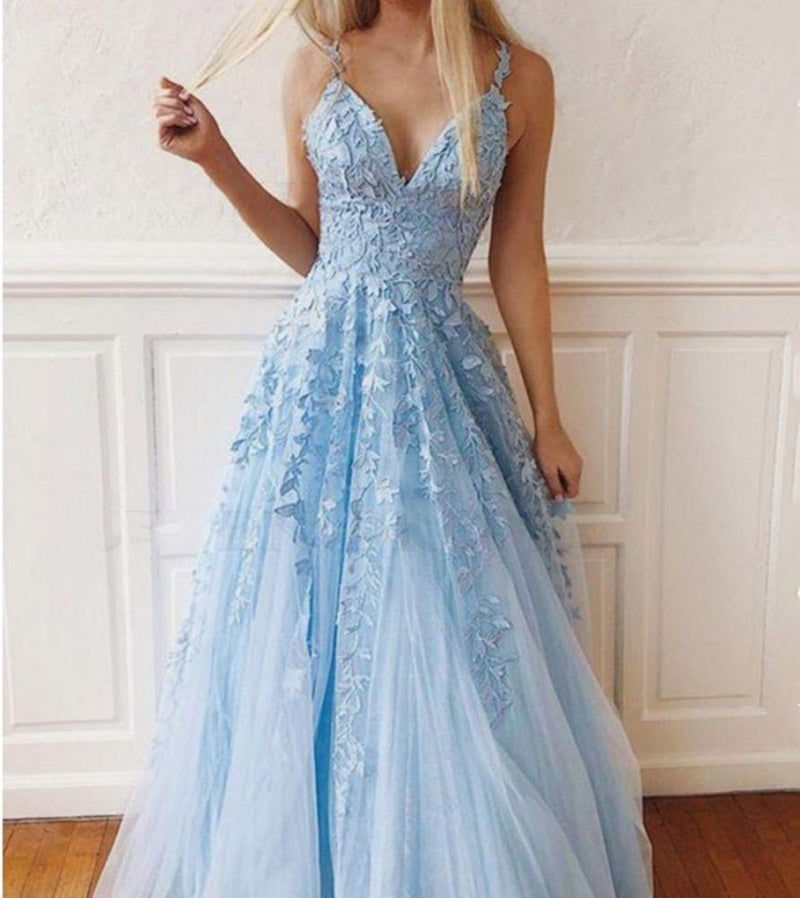 Sky Blue Lace Prom Dresses Sexy Deep V-Neck A Line Long Party Chic Floor Length Women Evening Gowns-Dbrbridal