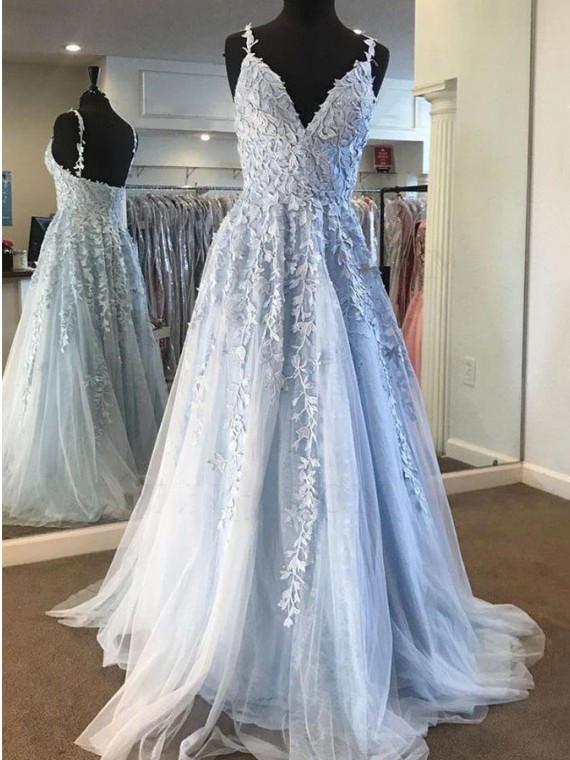 Sky Blue Lace Prom Dresses Sexy Deep V-Neck A Line Long Party Chic Floor Length Women Evening Gowns-Dbrbridal