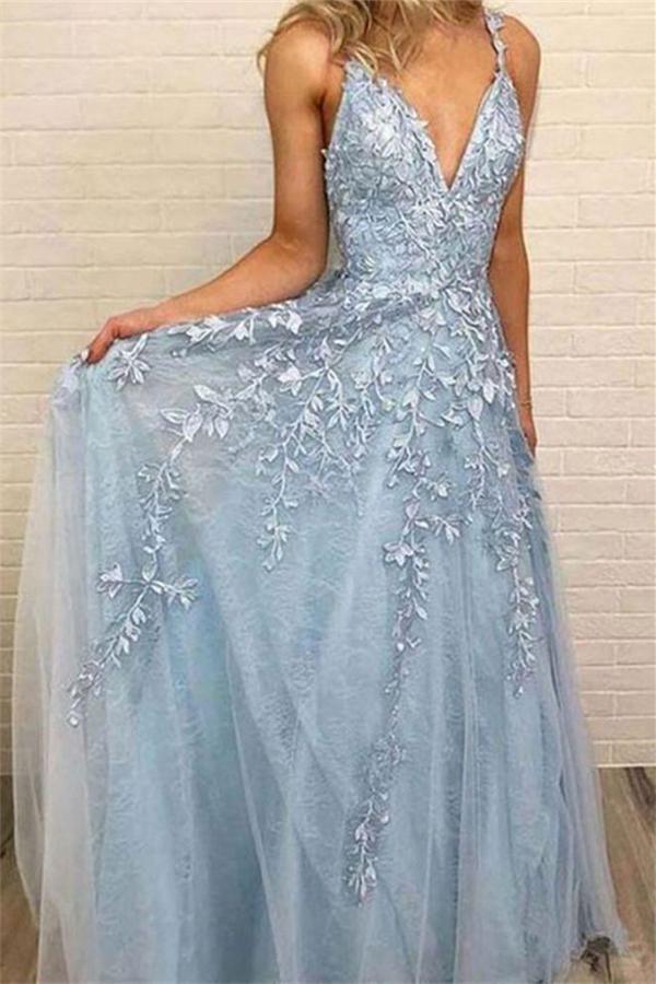 Sky Blue Lace Prom Dresses Sexy Deep V-Neck A Line Long Party Chic Floor Length Women Evening Gowns-Dbrbridal