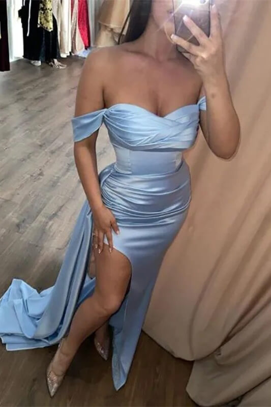 Sky Blue Mermaid Prom Dress Off-the-Shoulder with Sweetheart Neckline and Split Ruffles-Dbrbridal