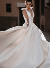 Sleek Ball-Gown Satin V-Neck Wedding Dresses-Dbrbridal