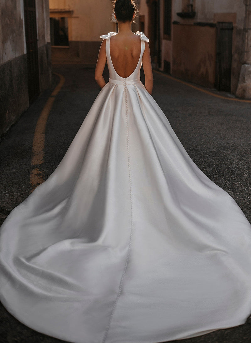 Sleek Ball-Gown Satin V-Neck Wedding Dresses-Dbrbridal