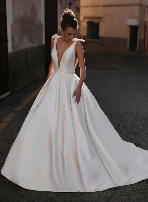 Sleek Ball-Gown Satin V-Neck Wedding Dresses-Dbrbridal