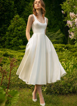 Sleek Short Satin Wedding Dresses Tea-Length-Dbrbridal