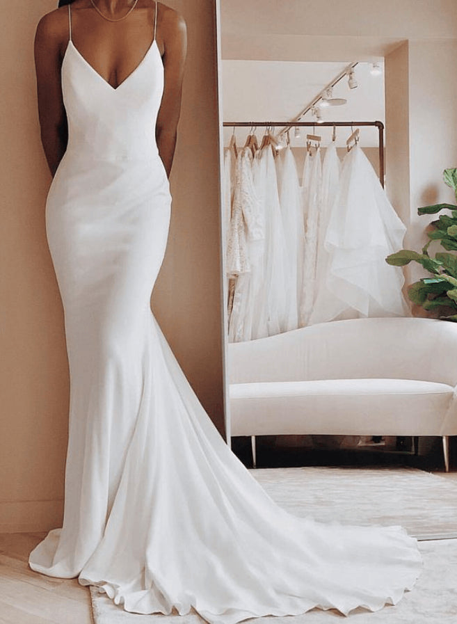 Sleek Spaghetti Straps V-Neck Mermaid Fitted Wedding Dresses-Dbrbridal