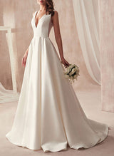 Sleeveless Chic A-line V-Neck Satin Sweep Train Wedding Dresses Pleated-Dbrbridal