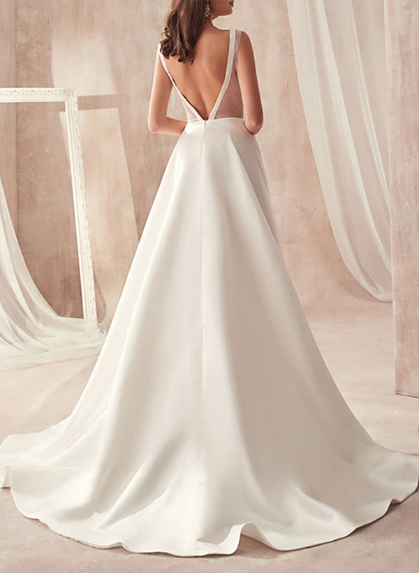 Sleeveless Chic A-line V-Neck Satin Sweep Train Wedding Dresses Pleated-Dbrbridal