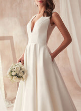 Sleeveless Chic A-line V-Neck Satin Sweep Train Wedding Dresses Pleated-Dbrbridal