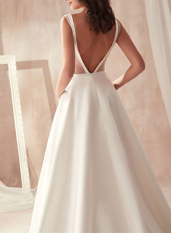 Sleeveless Chic A-line V-Neck Satin Sweep Train Wedding Dresses Pleated-Dbrbridal