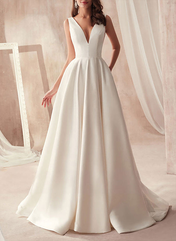 Sleeveless Chic A-line V-Neck Satin Sweep Train Wedding Dresses Pleated-Dbrbridal