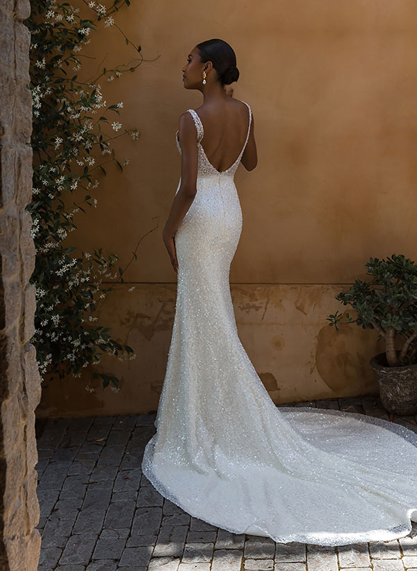 Sleeveless Court Train Sequined Wedding Dresses-Dbrbridal