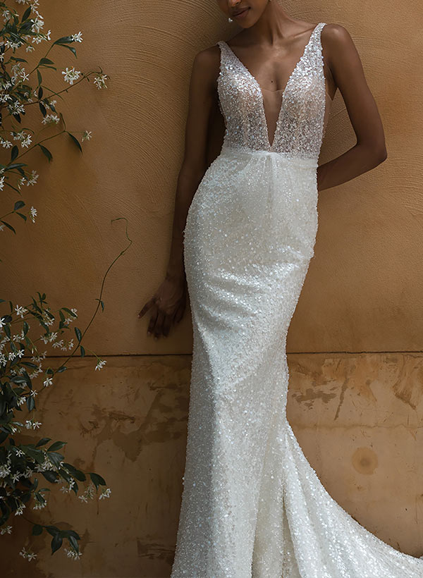 Sleeveless Court Train Sequined Wedding Dresses-Dbrbridal