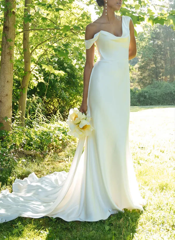 Sleeveless Court Train Summer Beach Boho Garden Silk Like Satin Wedding Dresses-Dbrbridal