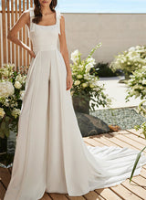 Sleeveless Court Train Wedding Jumpsuit Square Neckline-Dbrbridal