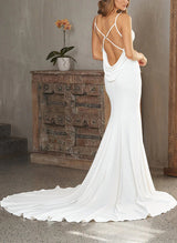 Sleeveless Elastic Satin Wedding Dresses RuffleMermaid Fitted V-neck-Dbrbridal