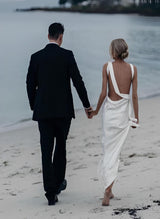 Sleeveless Floor-Length Silk Like Satin Wedding Dresses for Summer Beach Open Back-Dbrbridal