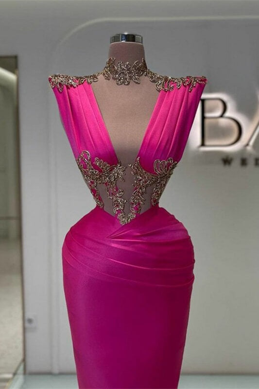 Sleeveless High Neck Mermaid Prom Dresses With Appliques in Fuchsia-Dbrbridal