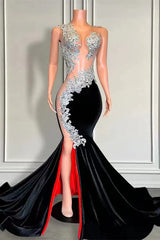 Sleeveless Long Black Velvet Mermaid Prom Dress with Appliques and Beads-Dbrbridal