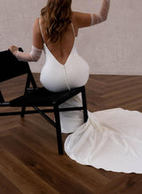 Sleeveless Mermaid Fitted V-Neck Elastic Satin Court Train Wedding Dress-Dbrbridal