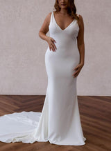 Sleeveless Mermaid Fitted V-Neck Elastic Satin Court Train Wedding Dress-Dbrbridal